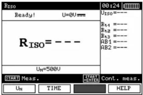 Riso Ready! U=0U= RISO= --- UN=500V Uiso=---- Rt1 =---- Rt2 =---- Rt3 =---- AB1 =---- AB2 =---- START Meas. START CONT. meas. UN TIME HELP