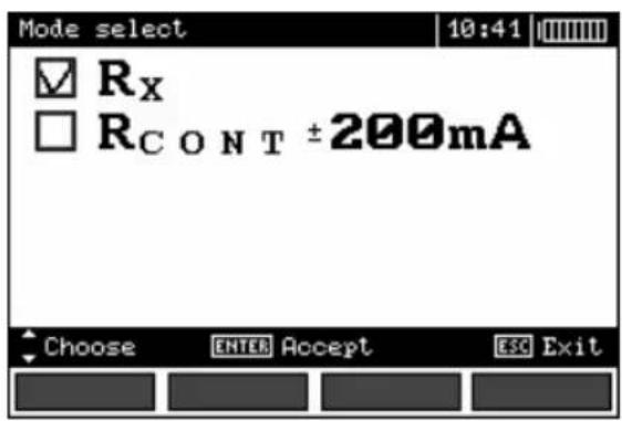 Mode select 10:41 Rx RCONT ±200mA Choose ENTER Accept ESC Exit