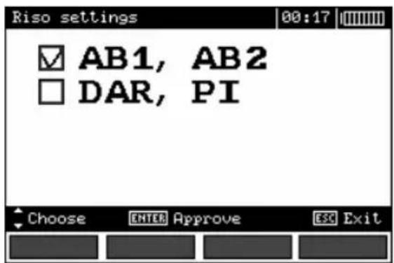 Riso settings 00:17 ✓ AB1, AB2 □ DAR, PI Choose ENTER Approve ESC Exit