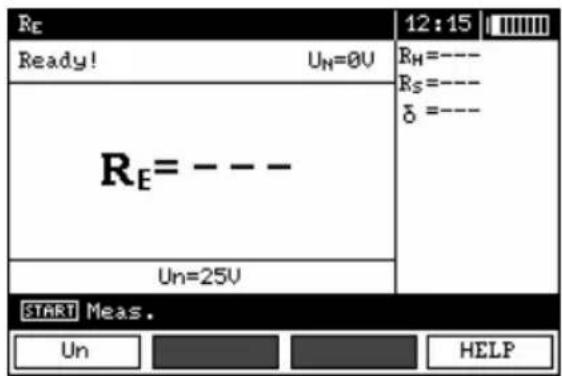 Re Ready! UN=0V RE= --- Un=25V 12:15 RH=---- RS=---- δ=---- START Meas. Un HELP
