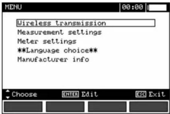Wireless transmission Measurement settings Meter settings **Language choice** Manufacturer info