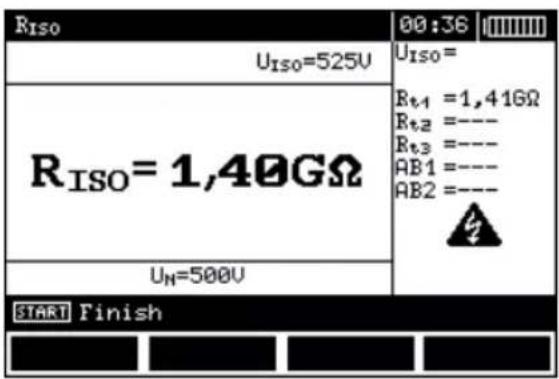 Riso Uiso=525V RISO=1,40GΩ UN=500V 00:36 Uiso= Rt1 =1,416Ω Rt2 =---- Rt3 =---- AB1 =---- AB2 =---- START Finish