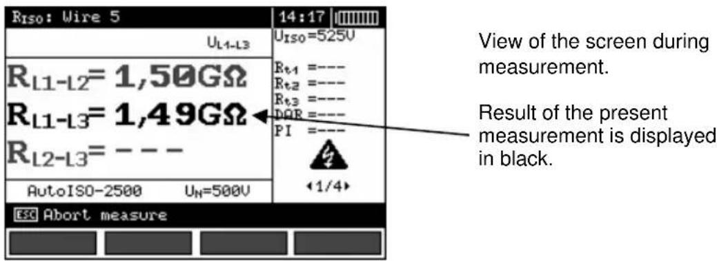 Riso: Wire 5 14:17 UL1-L3 RL1-L2= 1,50GΩ RL1-L3= 1,49GΩ RL2-L3= --- AutoISO-2500 UN=500V Uiso=525V Rt1 =---- Rt2 =---- Rt3 =---- DQR =---- PI =---- <1/4> View of the screen during measurement. Result of the present measurement is displayed in black. ESC Abort measure
