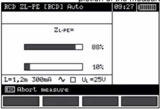 RCD ZL-PE [RCD] Auto 09:27 ZL-PE= 88% 10% L=1,2m 300mA ~ □ UL=25V ESC Abort measure