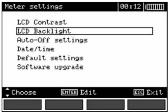 Meter settings LCD Contrast LCD Backlight Auto-Off settings Date/time Default settings Software upgrade Choose ENTER Edit ESC Exit