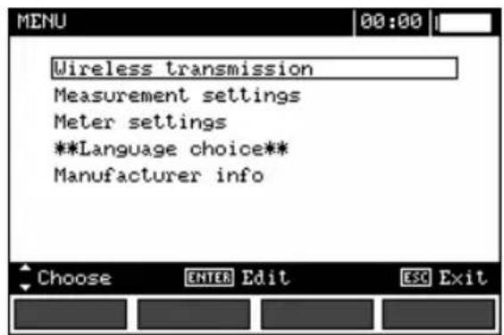 Wireless transmission Measurement settings Meter settings **Language choice** Manufacturer info