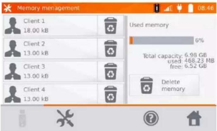 Memory management Client 1 18.00 kB Client 2 13.00 kB Client 3 13.00 kB Client 4 13.00 kB Used memory 6% Total capacity: 6.98 GB used: 468.23 MB free: 6.52 GB Delete memory