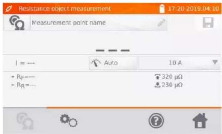Resistance object measurement 17:20 2019.04.10 Measurement point name I = --- Auto 10 A + RF=--- 320 µΩ + RR=--- 230 µΩ