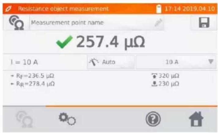 Resistance object measurement 17:14 2019.04 10 Measurement point name ✓ 257.4 μΩ I = 10 A Auto 10 A → RF=236.5 μΩ 320 μΩ → RR=278.4 μΩ 230 μΩ