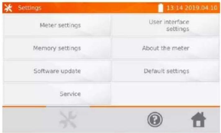 Settings 13:14 2019.04.10 Meter settings User interface settings Memory settings About the meter Software update Default settings Service