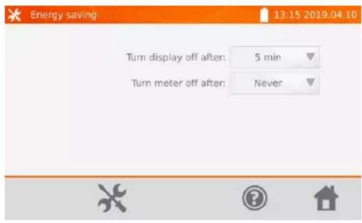 Energy saving 13:15 2019.04.10 Turn display off after: 5 min Turn meter off after: Never
