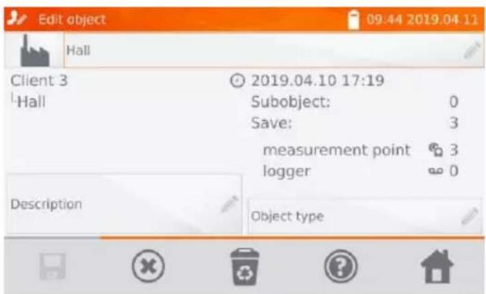 Edit object 09:44 2019.04.11 Hall Client 3 HHall 2019.04.10 17:19 Subobject: 0 Save: 3 measurement point 3 logger 0 Description Object type