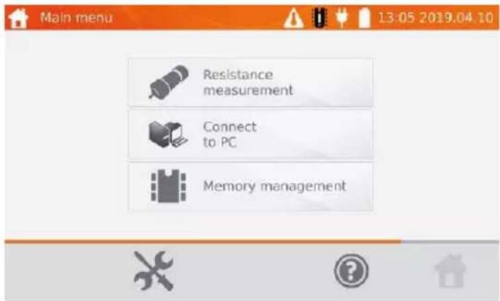 Main menu 13:05 2019.04.10 Resistance measurement Connect to PC Memory management