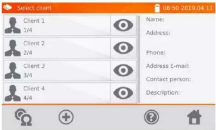 Select client 08:50 2019.04.11 Client 1 1/4 Client 2 2/4 Client 3 3/4 Client 4 4/4 Name: Address: Phone: Address E-mail: Contact person: Description: