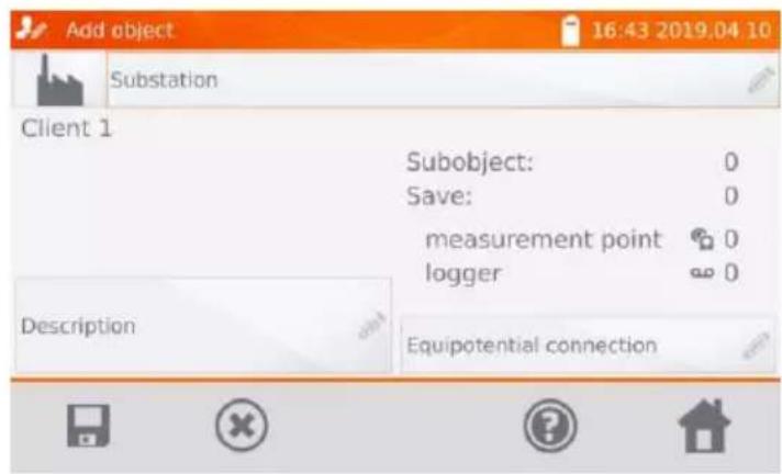 Add object 16:43 2019.04 10 Substation Client 1 Subobject: 0 Save: 0 measurement point 0 logger 0 Description Equipotential connection