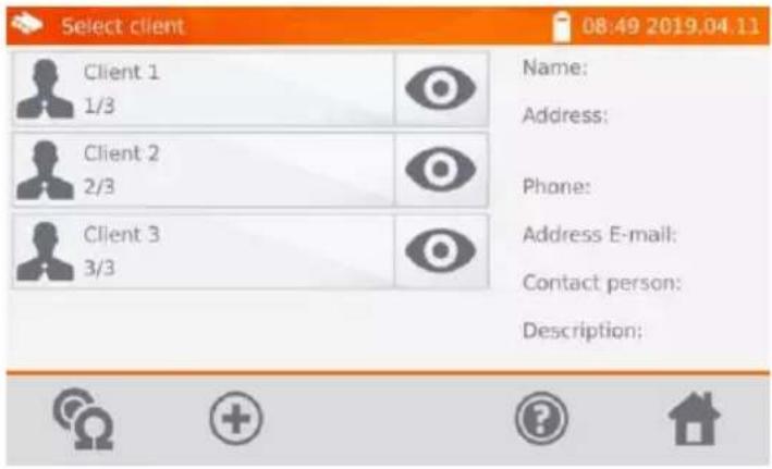 Select client 08:49 2019.04.11 Client 1 1/3 Client 2 2/3 Client 3 3/3 Name: Address: Phone: Address E-mail: Contact person: Description: