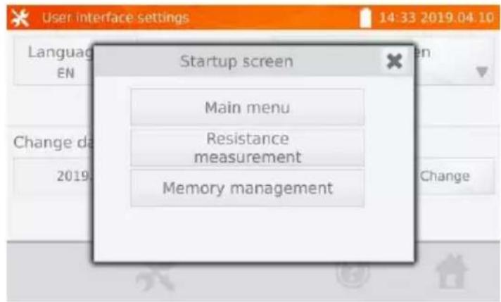 User interface settings 14:33 2019.04.10 Language EN Startup screen Main menu Resistance measurement Memory management Change da 2019 Change