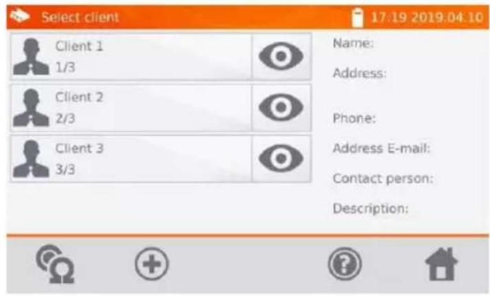 Select client 17:19 2019.04.10 Client 1 1/3 Client 2 2/3 Client 3 3/3 Name: Address: Phone: Address E-mail: Contact person: Description: