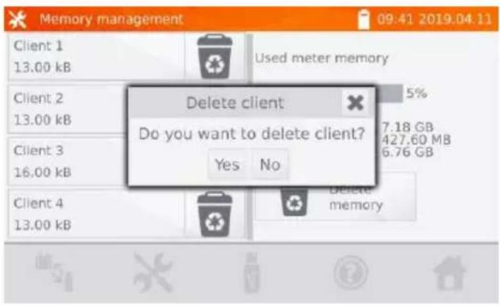 Memory management 09:41 2019.04.11 Client 1 13.00 kB Used meter memory Client 2 13.00 kB 5% Delete client Do you want to delete client? Yes No 7.18 GB 427.60 MB 6.76 GB Client 3 16.00 kB Delete memory