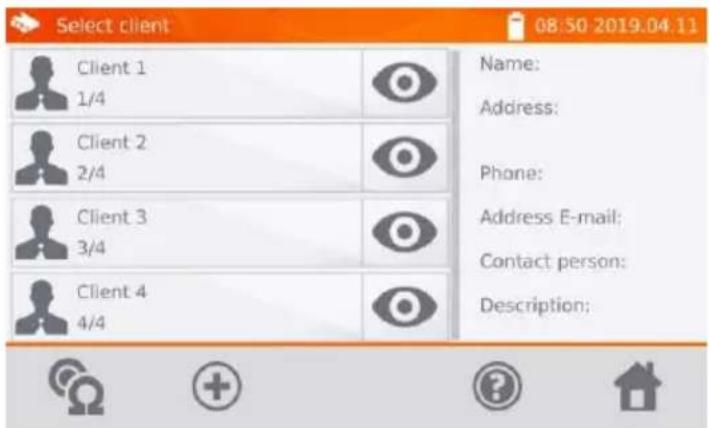 Select client 08:50 2019.04.11 Client 1 1/4 Client 2 2/4 Client 3 3/4 Client 4 4/4 Name: Address: Phone: Address E-mail: Contact person: Description:
