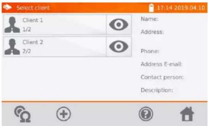 Select client 17:14 2019.04.10 Client 1 1/2 Client 2 2/2 Name: Address: Phone: Address E-mail: Contact person: Description: