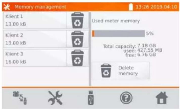 Memory management 13:26 2019.04.10 Klient 1 13.00 kB Klient 2 13.00 kB Klient 3 16.00 kB Used meter memory 5% Total capacity: 7.18 GB used: 427.55 MB free: 6.76 GB Delete memory