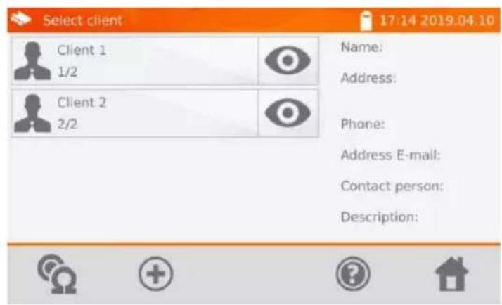 Select client 17:14 2019.04.10 Client 1 1/2 Client 2 2/2 Name: Address: Phone: Address E-mail: Contact person: Description: