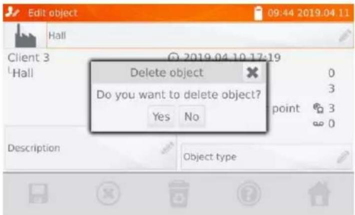 Edit object 09:44 2019.04.11 Hall Client 3 HHall Delete object Do you want to delete object? Yes No 0 3 point 3 ∞ 0 Description Object type