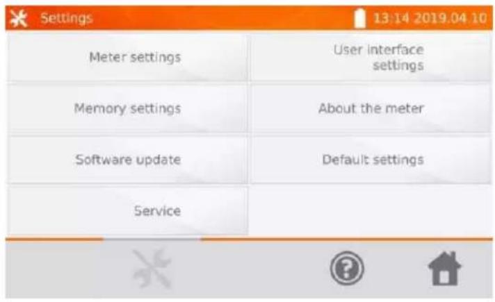 Settings 13:14 2019.04 10 Meter settings User interface settings Memory settings About the meter Software update Default settings Service