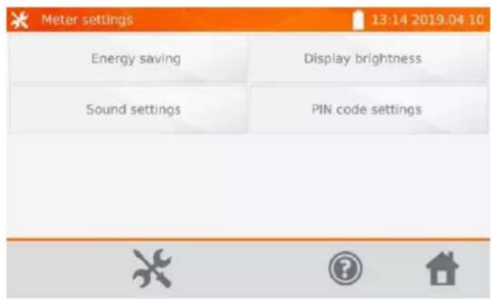 Meter settings 13:14 2019.04 10 Energy saving Display brightness Sound settings PIN code settings