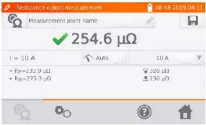 Resistance object measurement 08:48 2019.04.11 Measurement point name ✓ 254.6 µΩ I = 10 A Auto 10 A • RF=233.9 µΩ 320 µΩ • RR=275.3 µΩ 230 µΩ