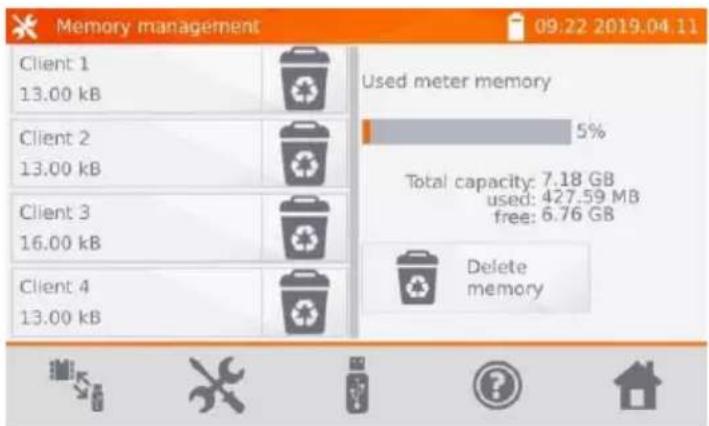 Memory management 09:22 2019.04.11 Client 1 13.00 kB Client 2 13.00 kB Client 3 16.00 kB Client 4 13.00 kB Used meter memory 5% Total capacity: 7.18 GB used: 427.59 MB free: 6.76 GB Delete memory