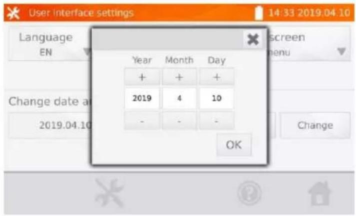 User interface settings 14:33 2019.04.10 Language EN Year Month Day + + + 2019 4 10 - - - OK Change date a 2019.04.10 Change screen menu