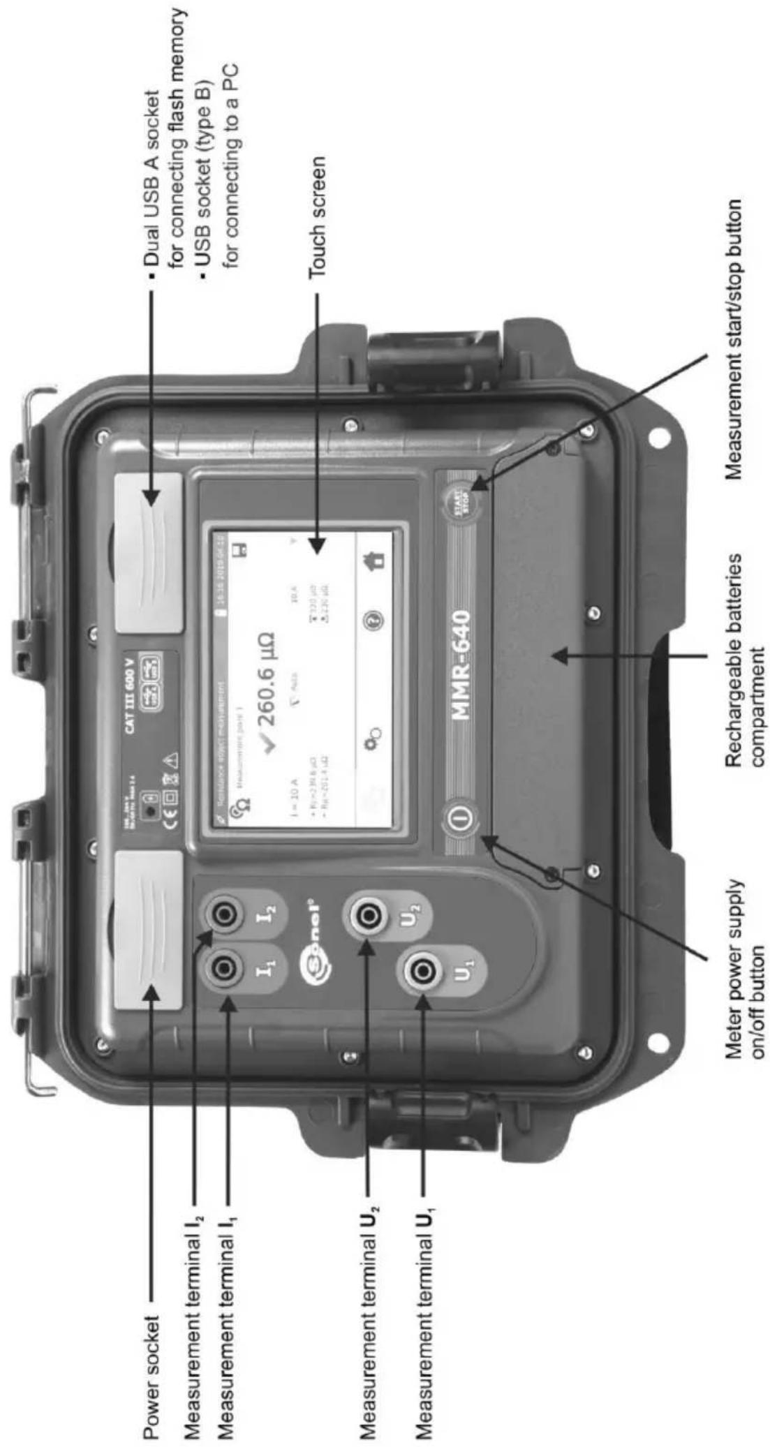 Power socket Measurement terminal I₂ Measurement terminal I₁ I₁ I₂ Sonel® Measurement terminal U₂ Measurement terminal U₁ MRR-640 Dual USB A socket for connecting flash memory USB socket (type B) for connecting to a PC Touch screen Meter power supply on/off button Rechargeable batteries compartment Measurement start/stop button