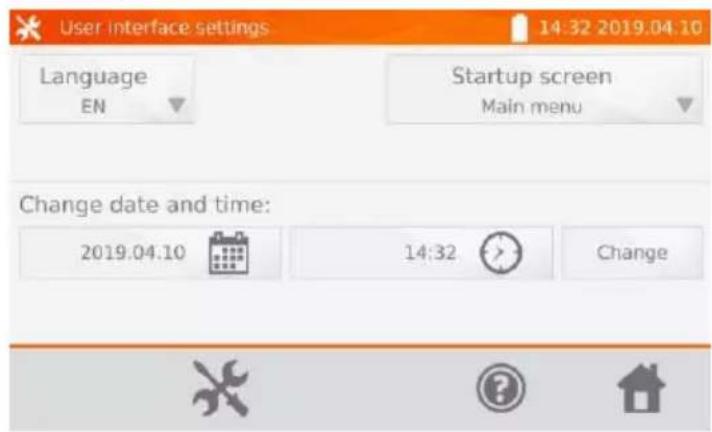 User interface settings 14:32 2019.04.10 Language EN Startup screen Main menu Change date and time: 2019.04.10 14:32 Change