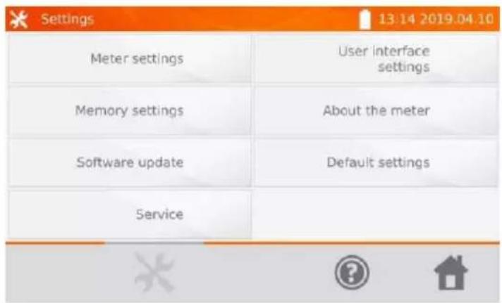 Settings 13:14 2019.04.10 Meter settings User interface settings Memory settings About the meter Software update Default settings Service