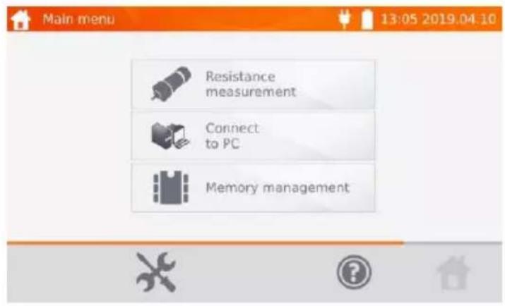 Main menu 13:05 2019.04.10 Resistance measurement Connect to PC Memory management