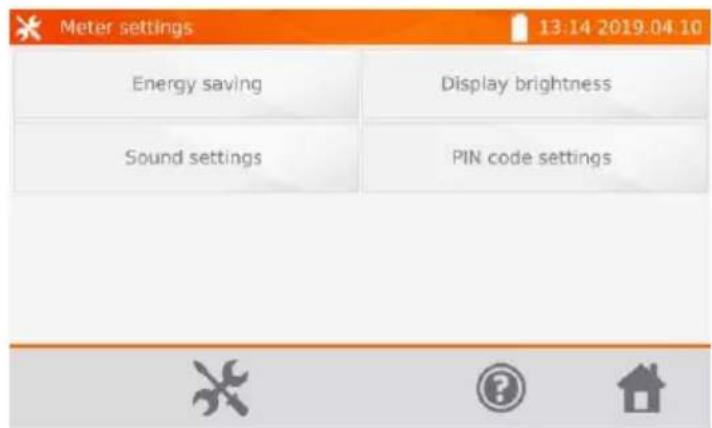 Meter settings 13:14 2019.04.10 Energy saving Display brightness Sound settings PIN code settings
