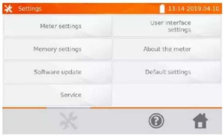 Settings 13:14 2019.04.10 Meter settings User interface settings Memory settings About the meter Software update Default settings Service
