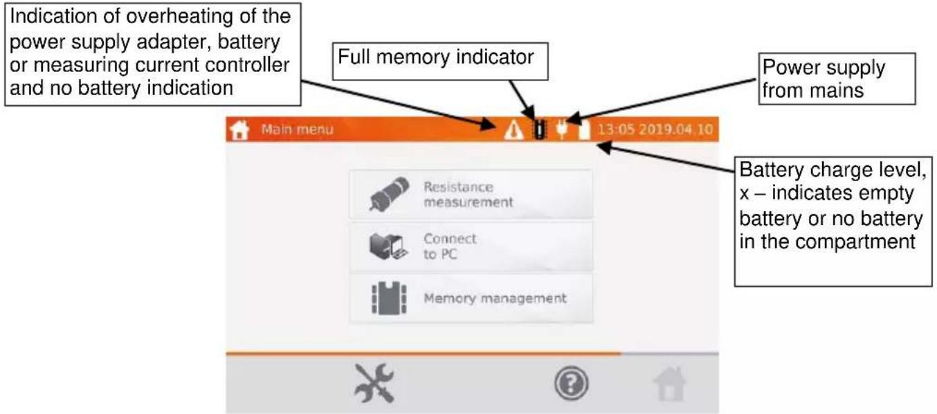 Indication of overheating of the power supply adapter, battery or measuring current controller and no battery indication Full memory indicator Power supply from mains Main menu 13:05 2019.04.10 Resistance measurement Connect to PC Memory management Battery charge level, x – indicates empty battery or no battery in the compartment