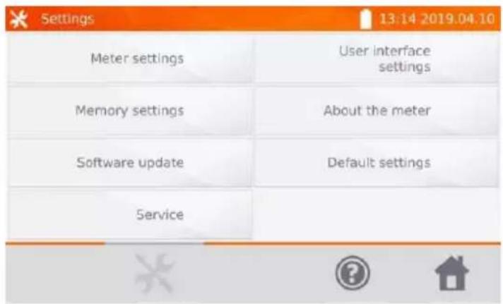 Settings 13:14 2019.04.10 Meter settings User interface settings Memory settings About the meter Software update Default settings Service