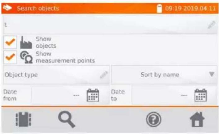 Search objects 09:19 2019.04.11 Show objects Show measurement points Object type Sort by name Date from --- Date to ---