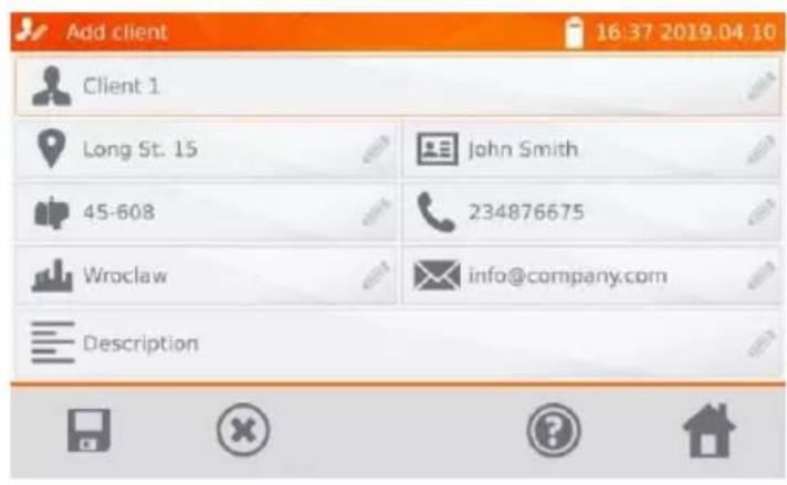 Add client 16:37 2019.04.10 Client 1 Long St. 15 John Smith 45-608 234876675 Wroclaw info@company.com Description