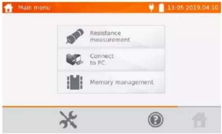 Main menu 13:05 2019.04.10 Resistance measurement Connect to PC Memory management