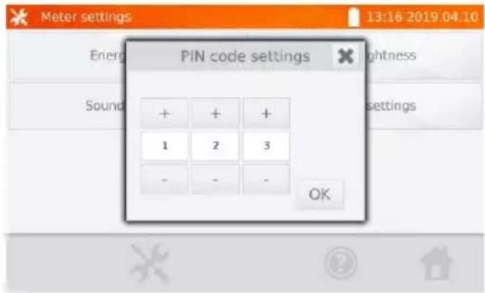 Meter settings 13:16 2019.04.10 PIN code settings Energy Sound + + + 1 2 3 - - - OK