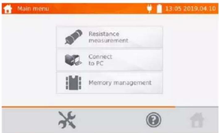 Main menu 13:05 2019.04.10 Resistance measurement Connect to PC Memory management