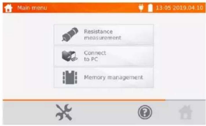 Main menu 13:05 2019.04.10 Resistance measurement Connect to PC Memory management
