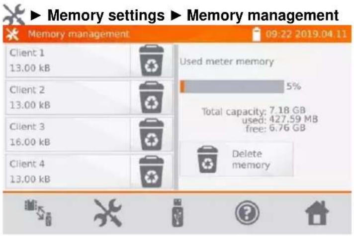 ▶ Memory settings ▶ Memory management Memory management 09:22 2019.04.11 Client 1 13.00 kB Client 2 13.00 kB Client 3 16.00 kB Client 4 13.00 kB Used meter memory 5% Total capacity: 7.18 GB used: 427.59 MB free: 6.76 GB Delete memory