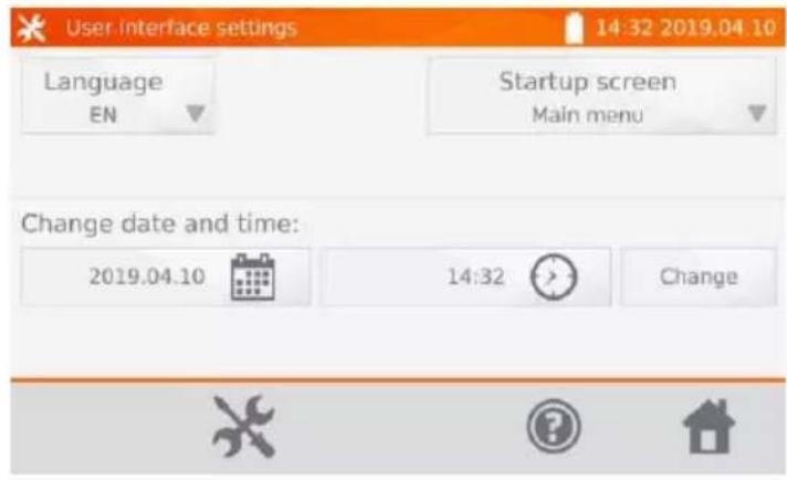 User Interface settings 14:32 2019.04.10 Language EN Startup screen Main menu Change date and time: 2019.04.10 14:32 Change