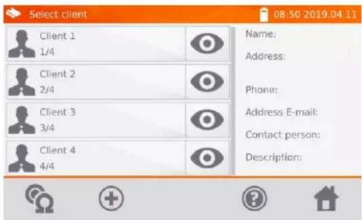 Select client 08:50 2019.04.11 Client 1 1/4 Client 2 2/4 Client 3 3/4 Client 4 4/4 Name: Address: Phone: Address E-mail: Contact person: Description: